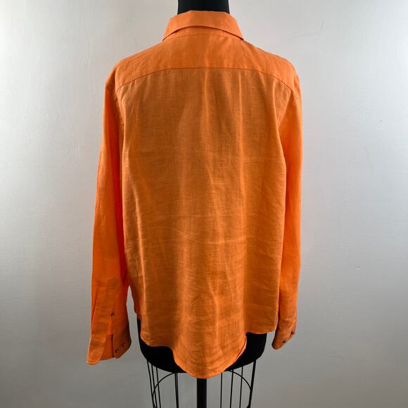 Lauren Ralph Lauren Linen Button Down Top Orange Long Sleeve Pockets Size L - Picture 7 of 12